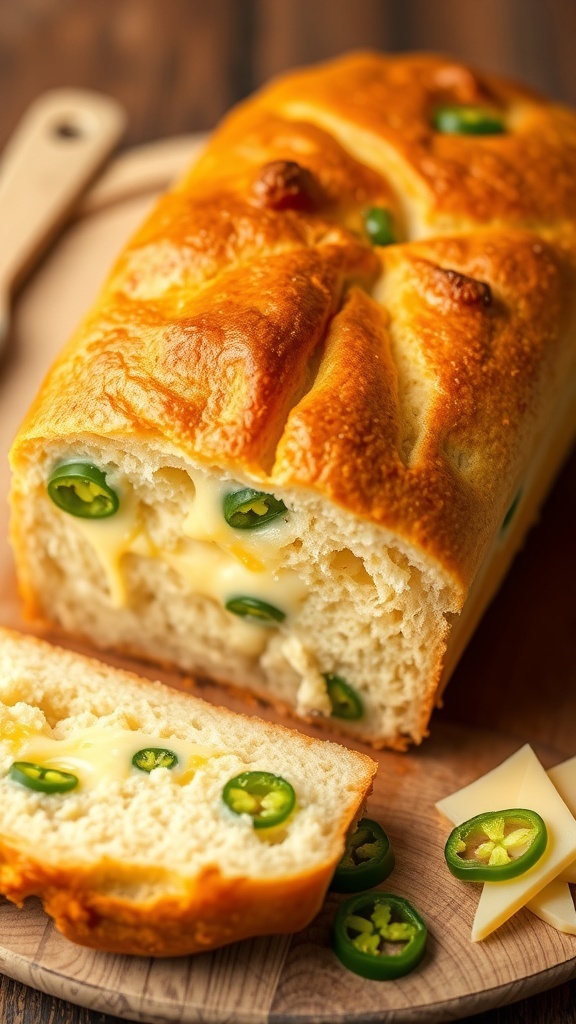 Jalapeño Cheese Bread Recipe for Bread Machine A loaf of jalapeño cheese bread sliced on a wooden board, showcasing melted cheese and jalapeños.